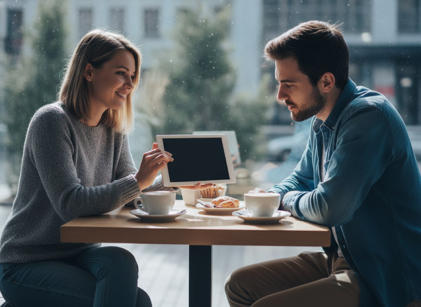 Two people comparing instant crypto exchange quotes on a tablet in a cafe