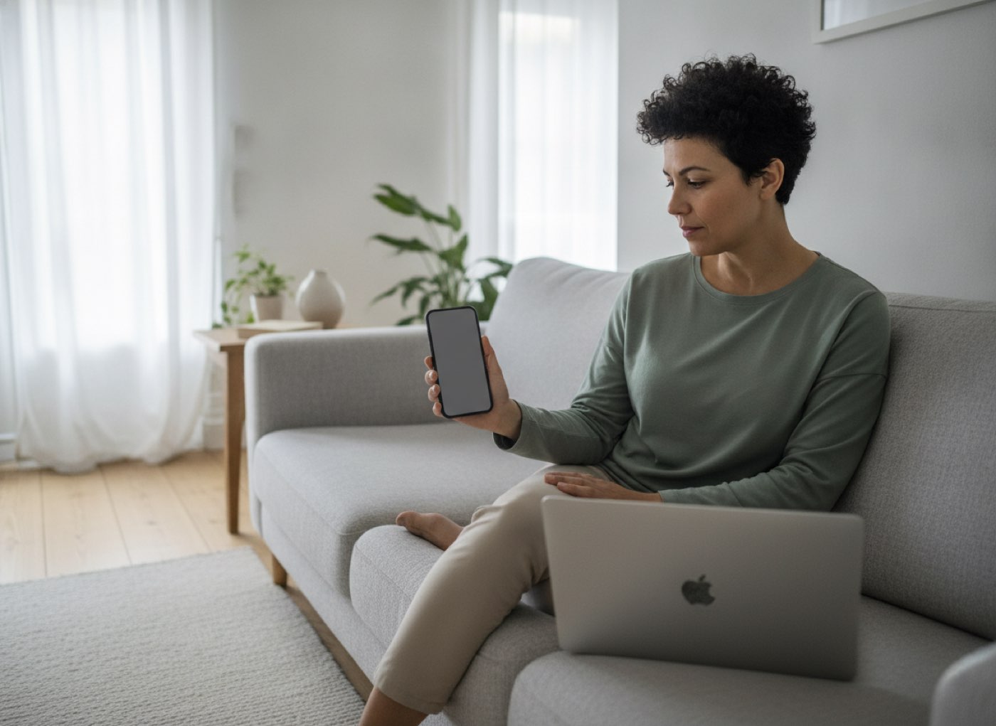 A woman starting an instant crypto swap from a wallet app on her sofa